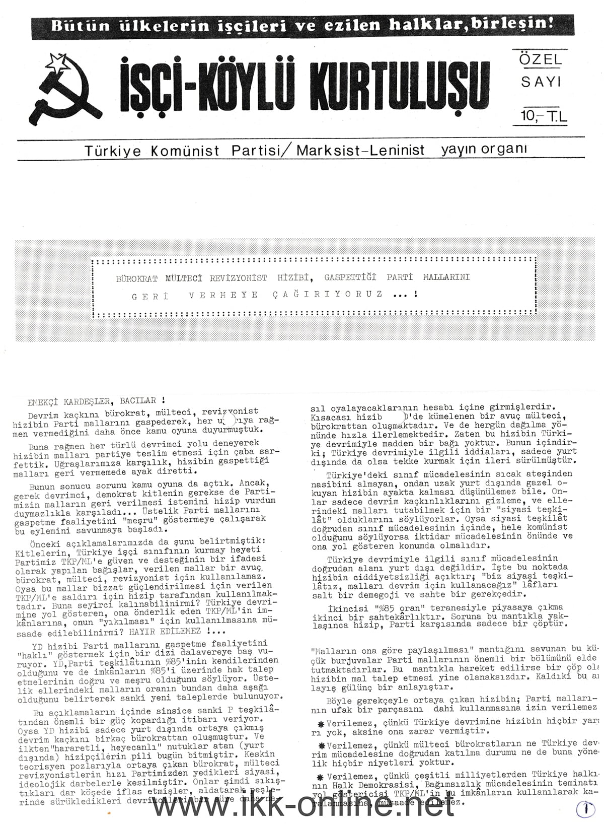 İşçi Köylü Kurtuluşu Özel Sayı