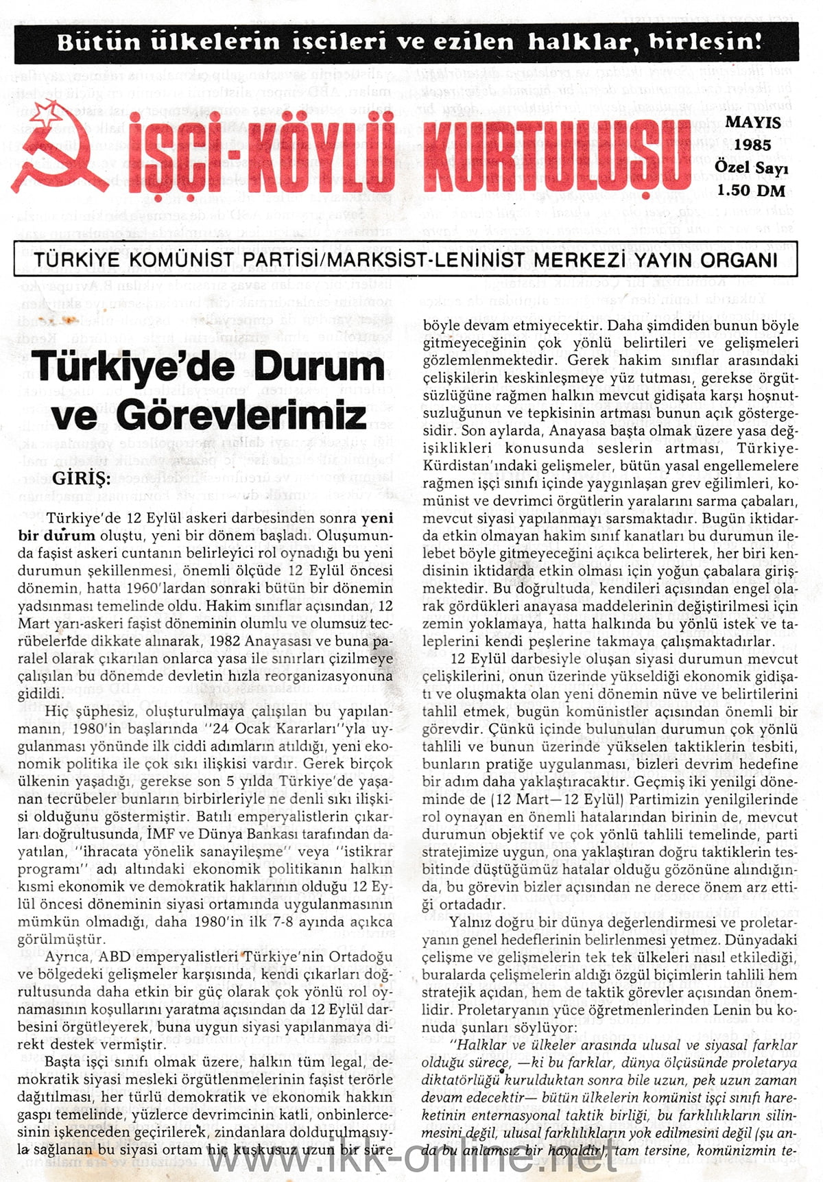 İşçi Köylü Kurtuluşu Özel Sayı