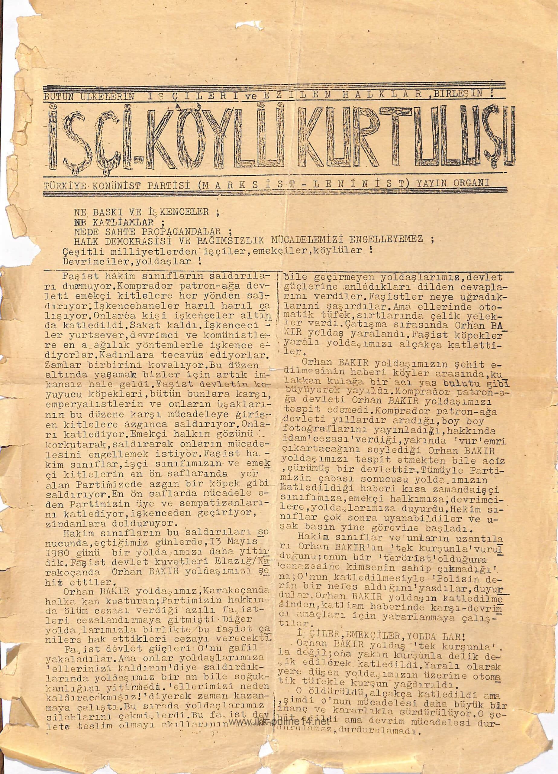 İşçi Köylü Kurtuluşu Dersim Özel Sayı